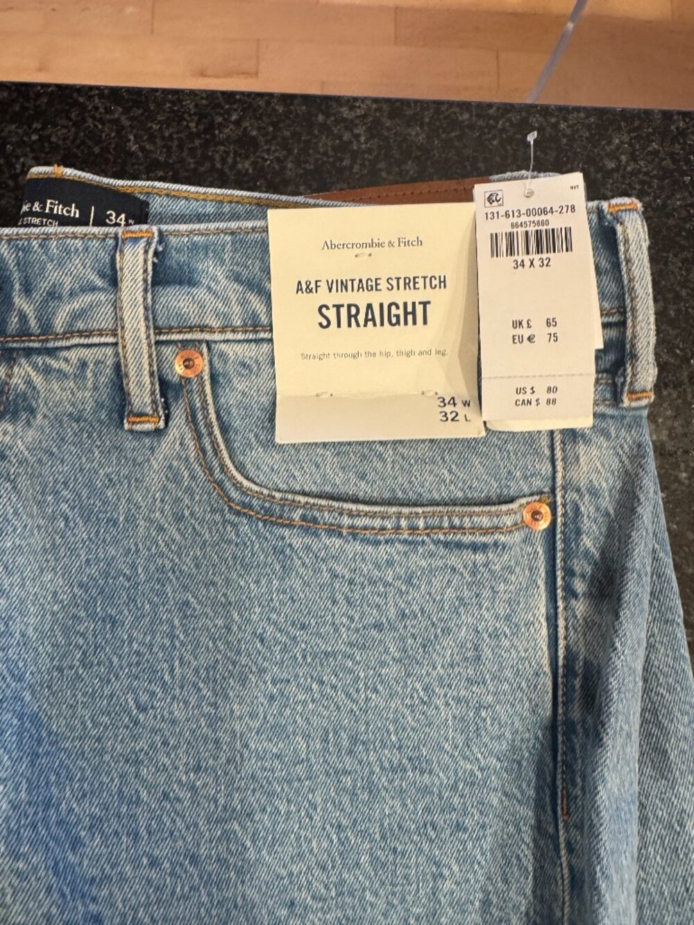 Abercrombie & Fitch Vintage Stretch Straight Jeans Mens 34x32 Medium Wash Never